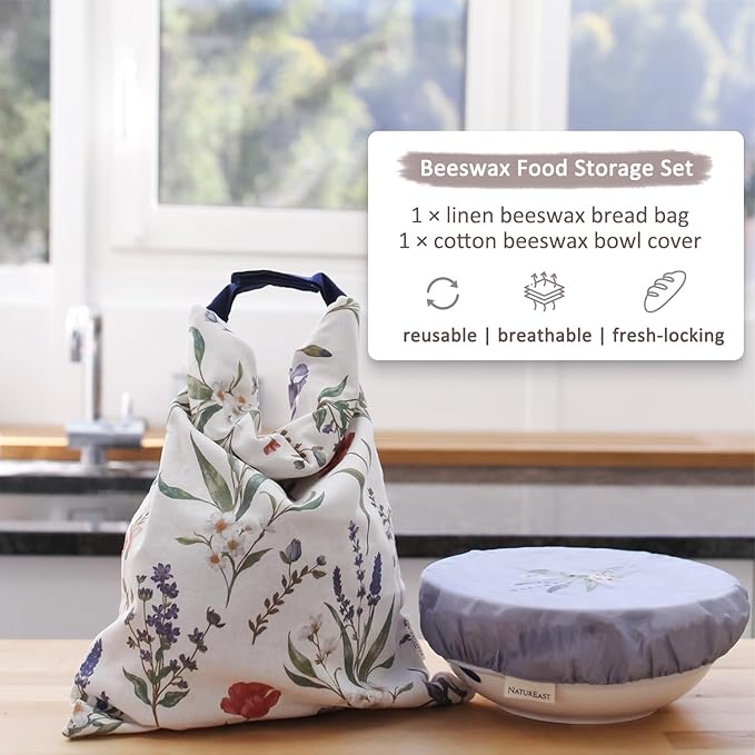 Reusable Linen Cotton Beeswax Bread Bags for Sourdough XL with Zipper, 10-inch Cotton Beeswax Bowl Cover Set, to Keep Bread and Food Fresh, All Natural Materials
