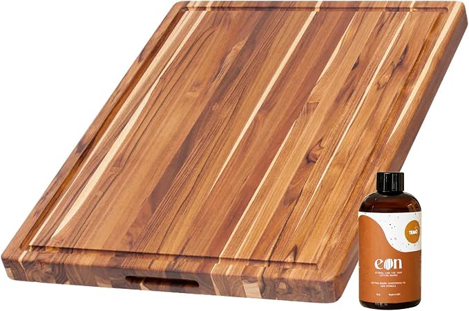 Teakhaus Carving Board and EON Cutting Board Oil Set - Large (L) Teak Wood Cutting Board with Juice Groovel & Food-Grade Mineral Oil - 20”L x 15”W x 1.5” Thick - FSC Certified
