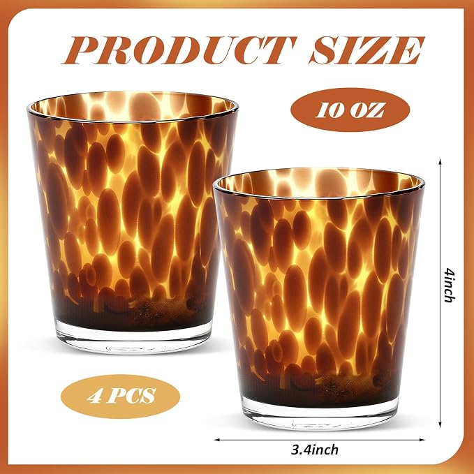 Honeydak Set of 4 Tortoise Leopard Print Brown 10 oz Rocks Glasses Stylish Stemless Cocktail Cups Glass Glassware Tumbler Ideal for Gin, Tequila, Vodka, Soft Drinks