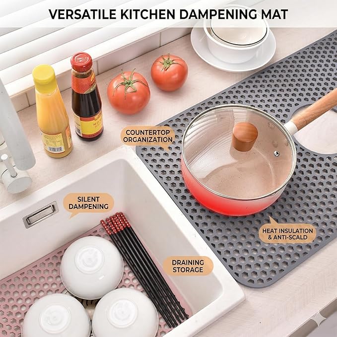 Silicone Sink Protectors for Kitchen - Non-Slip Heat Resistant Grid Mat for Farmhouse Porcelain Stainless Steel, Protects & Cushions Your Sink(Gray 1PCS, 26"x14" Center Drain)