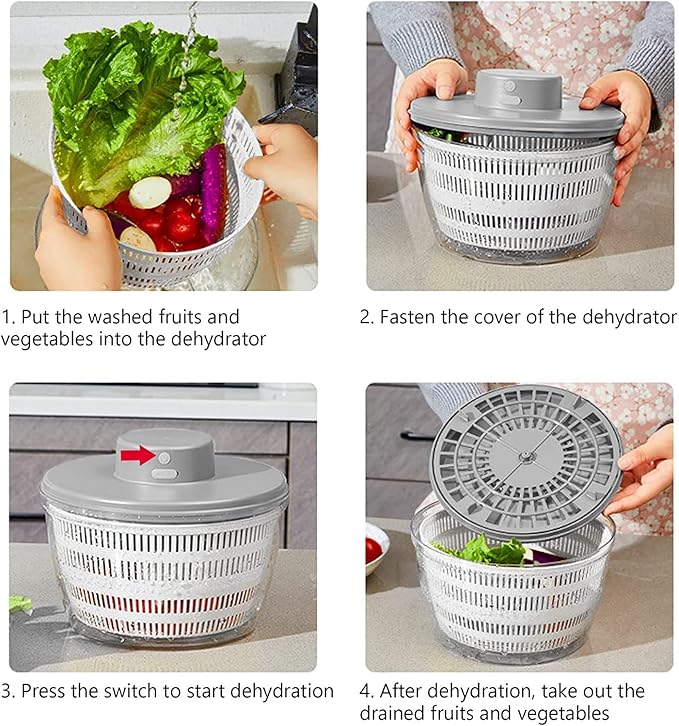 Electric Salad Spinner, 4L Wireless USB Salad Spinner Dehydrator for Fruit Vegetables, Large Capacity Salad Vegetable Dryer, Quick Drainage Electric Mixer White