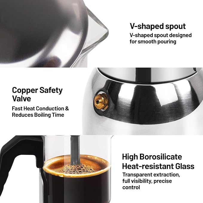 6 Cup Glass Clear Moka Pot Thickened 304 Stainless Steel Stovetop Espresso Maker Italian Coffee Machine 300ml 10.6oz Classic Mocha Cafe Greca Coffee Suitable for Gas Induction