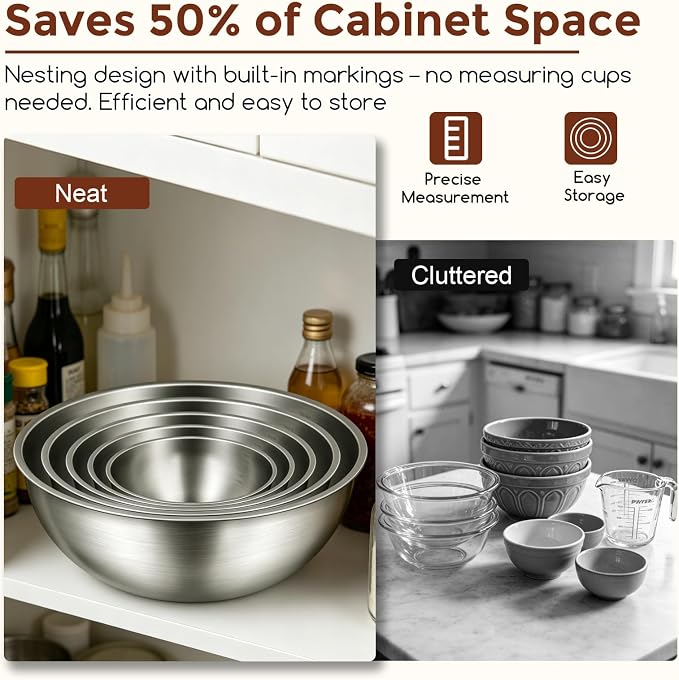Gronivex 304 Stainless Steel Mixing Bowls, 5-Piece (1.5-5.3 Qt) | Food-Grade Metal, Dishwasher safe，Stackable Nesting & Space-Saving – Ultimate for Large Family Baking or Party Cooking