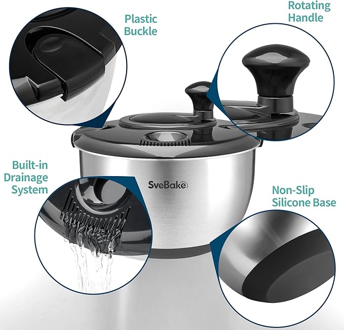 Stainless Steel Salad Spinner, 4.8 Qt Vegetable Washer, BPA-Free Lettuce Dryer with Crank Design, Dishwasher Safe, Non-Slip Base - Black Lid