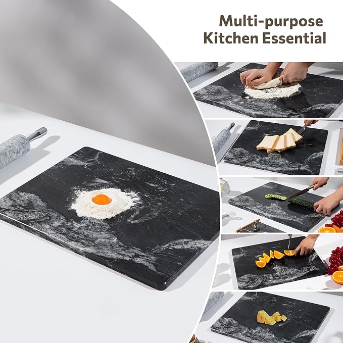 Natural Black Marble Cutting Board for Kitchen, 16 x 20 Inch Marble Slab Granite Cutting Board with Non-Slip Feet, Pastry Board for Baking Dough Chocolate Cheese Charcuterie, Wedding Gift