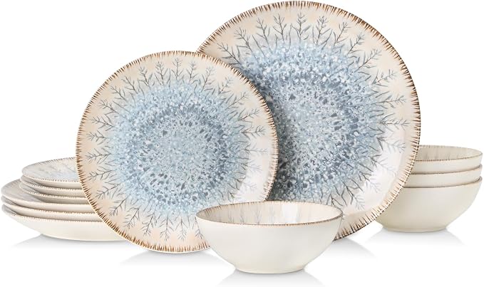 DOMICREVERY Ceramic Dinnerware Sets for 4, 12 pcs Scratch Resistant Dish Set, Blue Branch