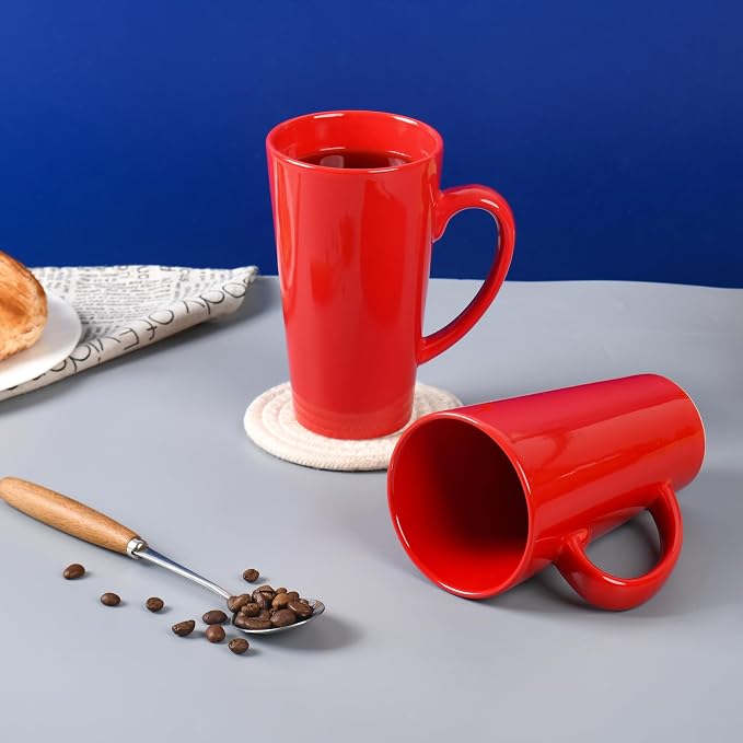 BYCNZB 16oz black Funnel Ceramic Tall Coffee Mugs for Coffee, Tea, Cocoa, Latte, Milk set of 4 (Red)