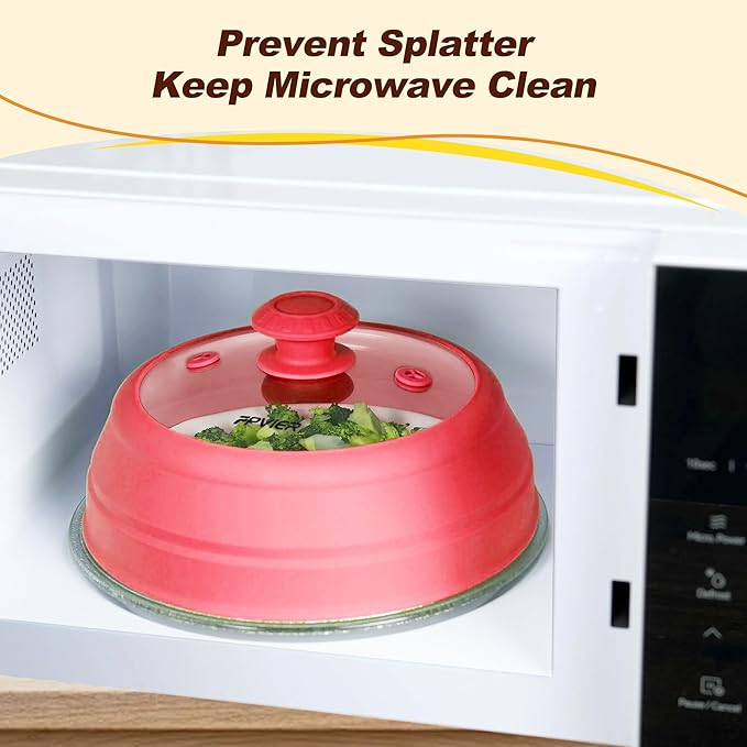 Microwave Splatter cover, Glass Microwave Cover for Food, Guard Lid with Collapsible Silicone for 6-8 inch Plates & Bowls, Dishwasher Safe, Heat Resistant, BPA-Free, 9 inch Red