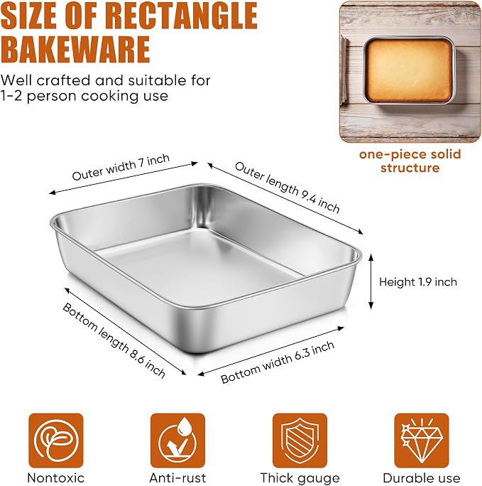 E-far Mini Lasagna Pan, Stainless Steel Rectangular Baking Pan, 9x7x2 Inch Sheet Cake Pan Metal Bakeware Toaster Oven Tray for Brownie Casserole, Deep Side & Heavy Duty, Anti-Rust & Dishwasher Safe