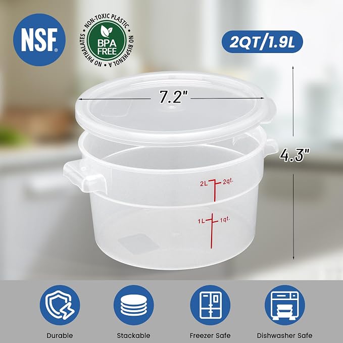 4 Pack 2QT Round Food Storage Containers with Lids | NSF, BPA-free PP containers with scale, label and measuring cup, stackable for prep, storage, freezer. Dishwasher safe