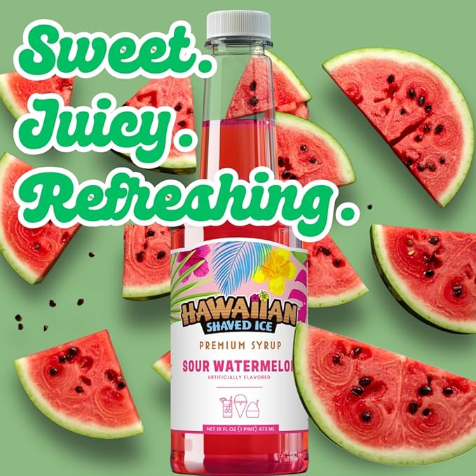 Hawaiian Shaved Ice Sour Watermelon Syrup - Nut Soy Dairy Free - Flavor Fluffy & Crunchy Snow Cones - Shelf Stable - Makes 8 Servings - 16 ounces