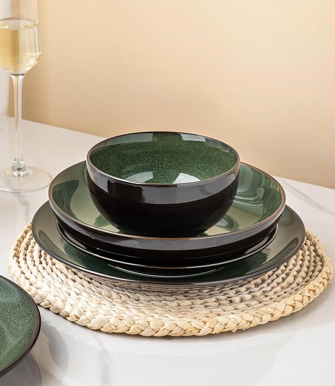 LERATIO Ceramic Dinnerware Sets for 4,16-Piece Reactive Glaze Plates and Bowls Set with Mugs,Highly Chip and Crack Resistant | Dishwasher,Microwave & Oven Safe Dishes set-Green