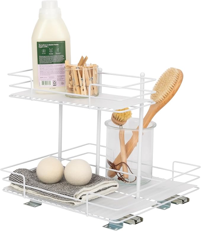 Household Essentials Glidez Paint-Finished Steel Pull-Out/Slide-Out Storage Organizer with Plastic Liners for Under Sink or Cabinet Use- 2 -Tier Design - Fits Standard Size Cabinet or Shelf, White