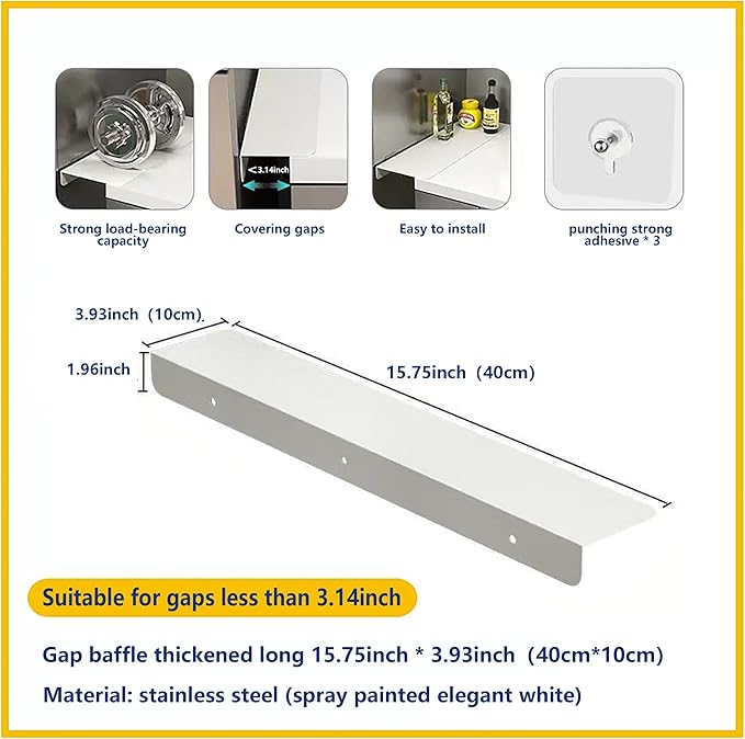 Metal Kitchen Refrigerator Gap Partition Countertop Gap Extension Board,Gap Covers Between Countertop and Walls, Refrigerator Side Partition, No Drill(White,15.75 * 3.93inch)