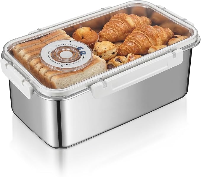 Bread Storage Box for Kitchen Countertop, Large Capacity Stainless Steel Breadbox, Bread Container Holder with Airtight See Through Time Recording Lid for Homemade Loaf, Toast, Bagel, Cookies