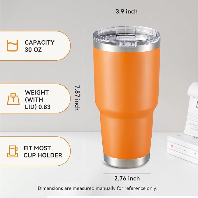 30 oz Tumbler with Lid Stainless Steel Tumblers Bulk Vacuum Insulated Cup Reusable Powder Coated Travel Mug Double Wall Leak Proof Cups Keep Cold Drinks for 12 Hours Orange, Set of 8