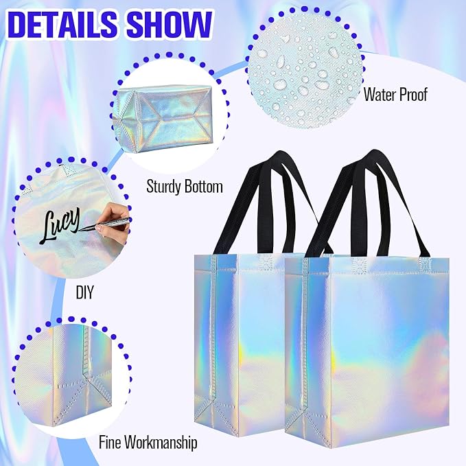 Eccliy Reusable Gift Bags Set Glossy Grocery Gift Tote Bag with Handle for Wedding, Bridal Shower, 4th of July, Summer Event(10 x 8 x 4.7 Inch,Rainbow,80 Pcs)