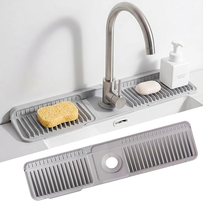 Faucet Mat for Kitchen Sink, 24 Inch Longer Silicone Sink Faucet Mat Splash Guard, 7° Slope Fast Self-draining, Bathroom Countertop Protectors to Catch Spills, Foldable & Snap Lock Fit (Gray)