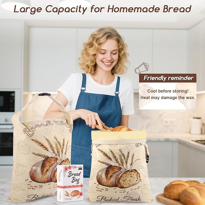 Beeswax Bread Bags for Sourdough, 2 Pack Reusable Bread Bag for Storage XL 17x13 Inch, Large Linen Bags for Homemade Sourdough - Keep Fresh, Freezer Safe