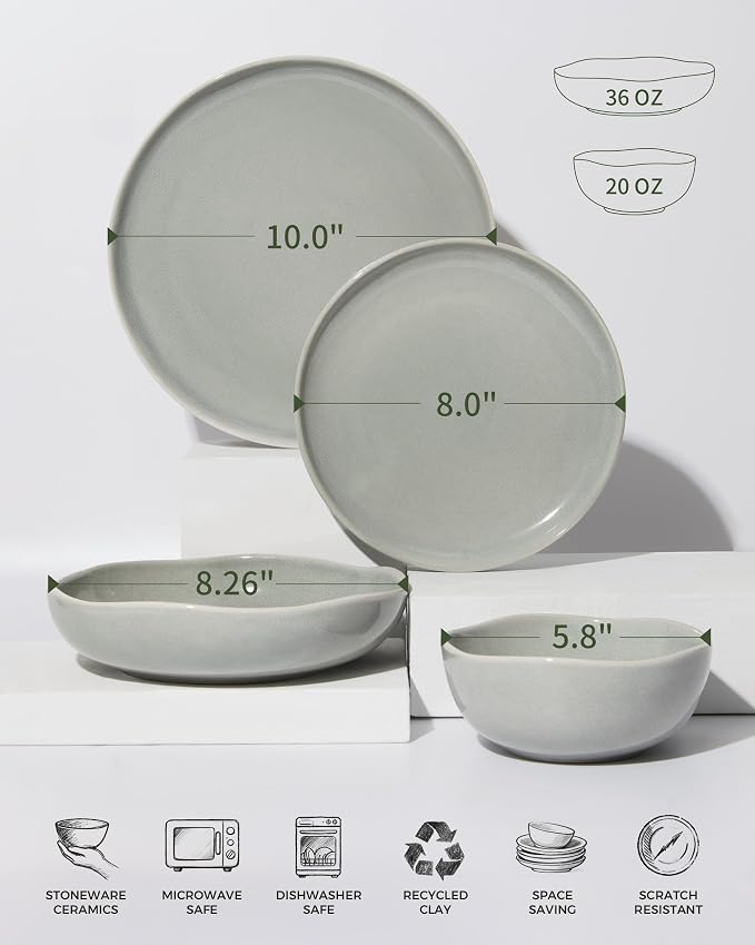 Pokini Plates and Bowls Sets, 16 Pieces Dinnerware Set for 4 with Pasta Bowls, Handmade Dishes Set, Chip Resistant Dishware Sets, Microwave Safe Dinner Set, Designed for Interactive Meals, Gray Green