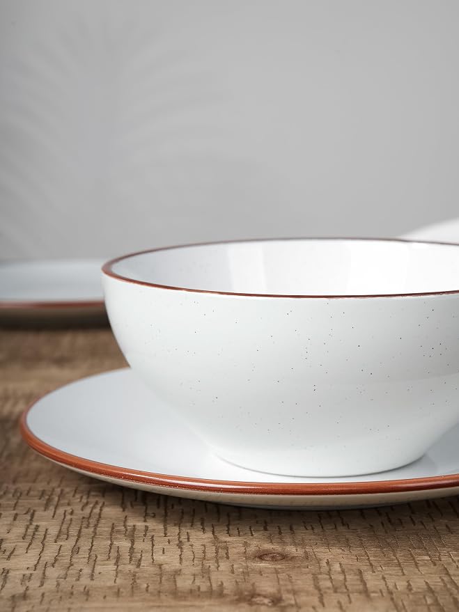 Famiware Venus Stoneware Dinnerware Sets for 4, 12 Piece Plates and Bowls with Rim, Handcrafted Speckled Patterns, Matte White