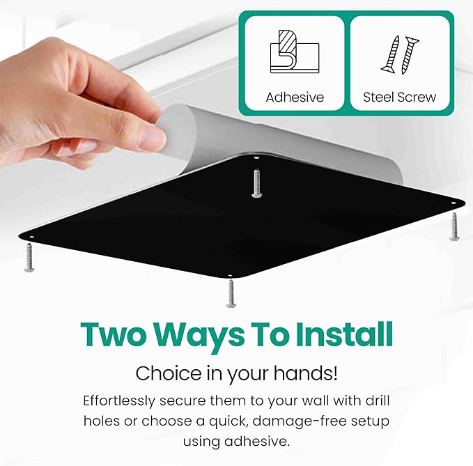 9 inches x 6.5 inches Stainless Steel Plate for Magnets, 3M Adhesive Back, Mounting Screws, Ideal for Magnetic Shelf, Spice Holders, Colorful Magnets as a Gift. Mount Anywhere! (Black, 1 Pack)
