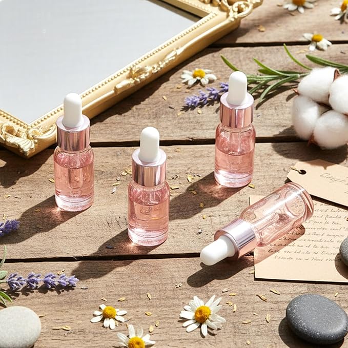 Lallisa 48 Pack Essential Oil Dropper Bottle 10 ml (1/3 Oz) Glass Dropper Bottles DIY for DIY Essential Oil Perfume with Funnels Pipettes Labels for Bathrooms, Hotels, Labs (Pink)