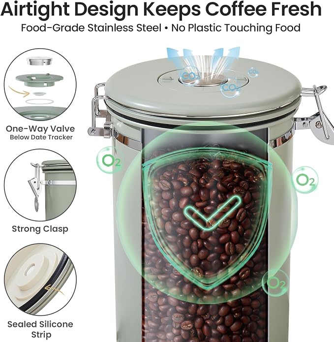 Veken Coffee Canister, 39OZ Large, Airtight Stainless Steel Food Storage Container for 2.2lbs Coffee Beans, Ground, Sugar, Tea, Flour, Cereal, Kitchen Bar Accessories with Date Tracker & Scoop, Green