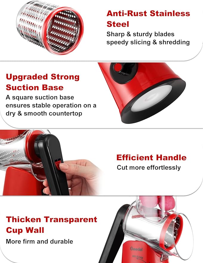 Geedel Rotary Cheese Grater Cheese Shredder - Upgraded 6-in-1 Cheese Grater with Handle and Strong Suction Base, Multi-purpose Vegetable Slicer Ice Shaver Nuts Grinder for Ice, Vegetables, Fruit