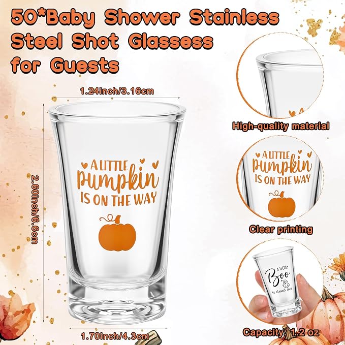 50 Sets Baby Shower Favor for Guests Acrylic Shot Glasses with Bottle Opener Keychains Thank You Tags and Bags Gender Reveal Party Favors for Guest Baby Shower Return Gift (Pumpkin)