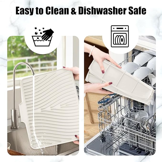TIKNIK Silicone Dish Drying Mat, Stone Drying Mat for Kitchen Counter with Built-In Drain, Non-Slip Drain Pad with Built-in Drain, Heat Resistant Stone Drying Mat, Hangable, Cream-2pcs, 16" x 12"