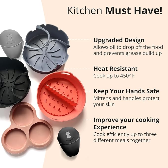 ARIALASQUALITY Air Fryer Accessories Set with Divider 8PCS, Reusable Nonstick Liners, Meal Prep Cooking Set with Cupcake Pan, Burger Rack & Heat Resistant Gloves