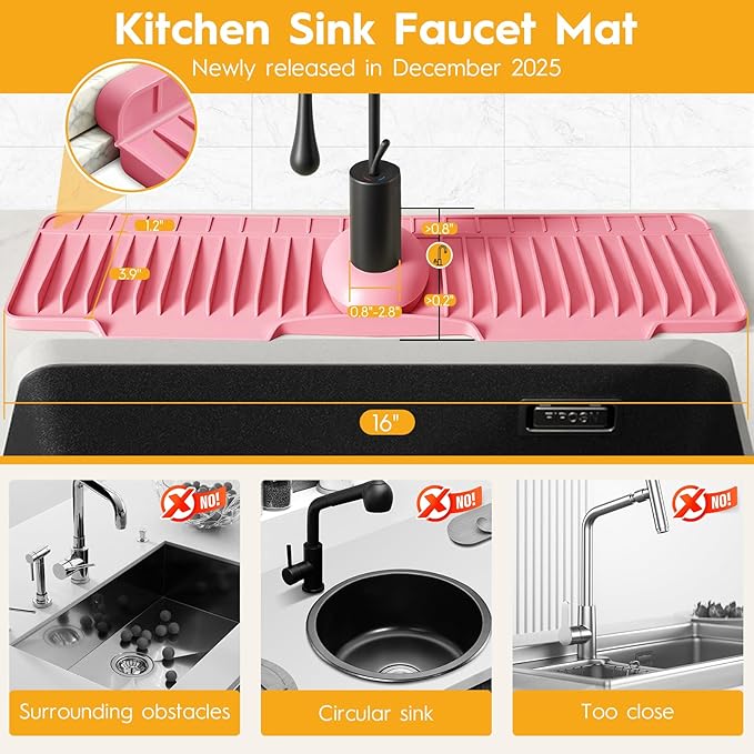 16" Silicone Faucet Mat for Kitchen Sink Released in 2026,8° Slope Fast Self-draining-Kitchen Sink Splash Guard,Bathroom Kitchen Sink Area Water Splash Guard Behind Faucet Draining Mat(Pink)
