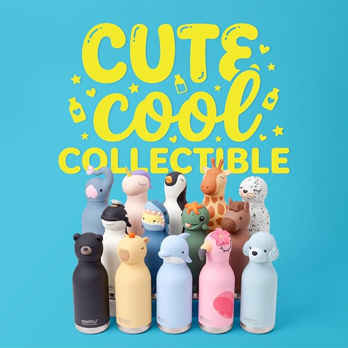 asobu Bestie Bottle Limited Edition Collectible Kids Water Bottle with Animal Character Lid 16oz (460ml) Insulated Stainless Steel, Leakproof, Reusable with Straw Fun Gift for Girls & Boys