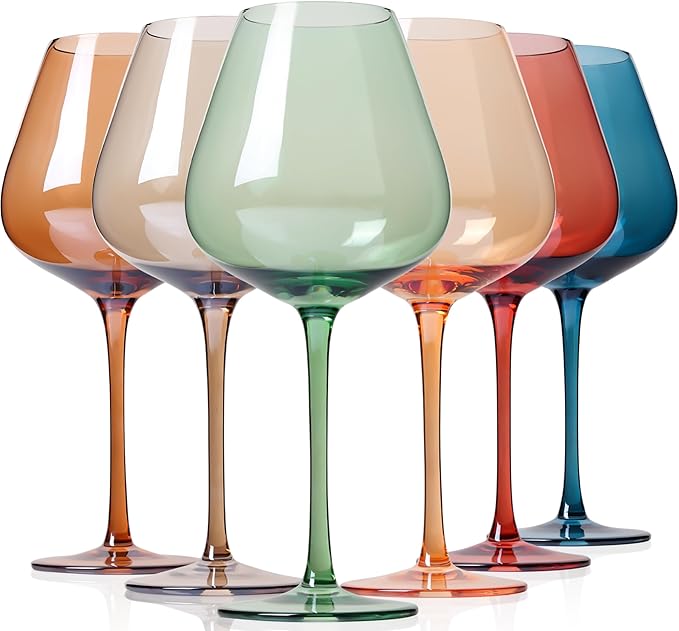 Physkoa Colored Burgendy Wine Glasses Set 6-18oz HandBlown Colorful Wine Glass With Long Stem,Multi Color Mothers Day Wine Glasses Gift for Women Mom