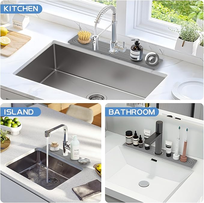 Stone Faucet Mat for Kitchen Sink, Water Absorbent Fast Drying Stone Tray for Sink , Quick Dry Diatomite Splash Guard for Bathroom Counter to Prevent Moisture Buildup, 23.6" x 4", Gark Grey