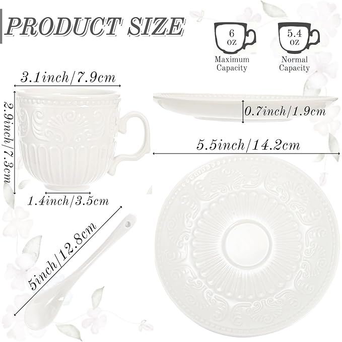 ZAVOOS Tea Cup and Saucer Set of 6, 6 Oz Small Vintage Porcelain Tea Cup with Spoon, Unique Embossed Floral Cappuccino Cups Sets for Latte, Cafe Mocha, Tea Party Decoration, Dishwasher Safe