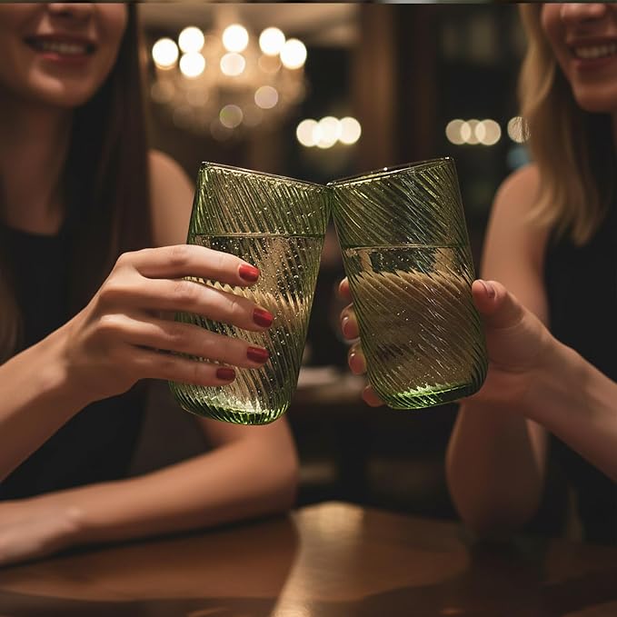 Set of 8 Ribbed Glassware,4 Highball Glasses 14oz & 4 Rocks Drinking Glasses 9oz, Origami Style, Fluted Design, for Milk, Water, Cocktail, Juice, Beer, ToothBrush Cup, Gif (Leaning Green)