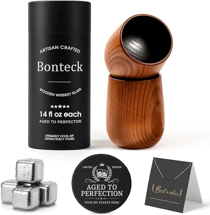 Bonteck Charred Wooden Bourbon Drinking Glass | Bourbon Gifts for Men | Large Old Fashioned Glass | 14 oz Wooden Whiskey Tumbler | Birthday Whiskey Gifts for Men, Dad or Brother (2 Pack)