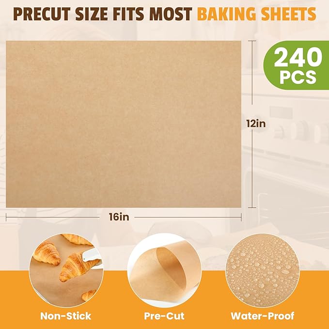 CAREGY 240Pcs Unbleached Parchment Paper Sheets, 12 x 16 Inch,Precut Non-Stick Parchment Paper for Baking,Cooking, Grilling, Air Fryer and Steaming,Fit for Half Sheet Pans