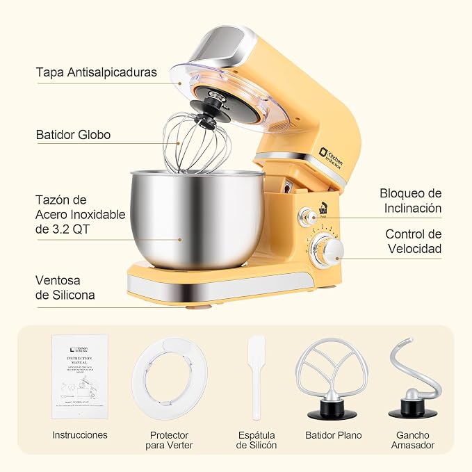 Kitchen in the box Stand Mixer,3.2Qt Small Electric Food Mixer,6 Speeds Portable Lightweight Kitchen Mixer for Daily Use with Egg Whisk,Dough Hook,Flat Beater (Yellow)