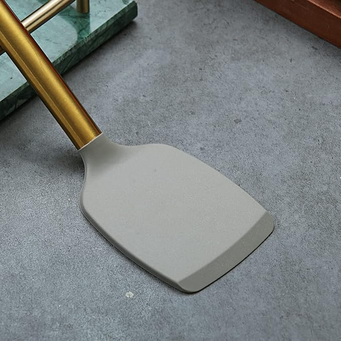 Berglander Non-stick Silicone Solid Turner, Titanium Gold Plating handle, Barbecue Spatula for Cooking, Dishwasher Safe, Easy to Clean