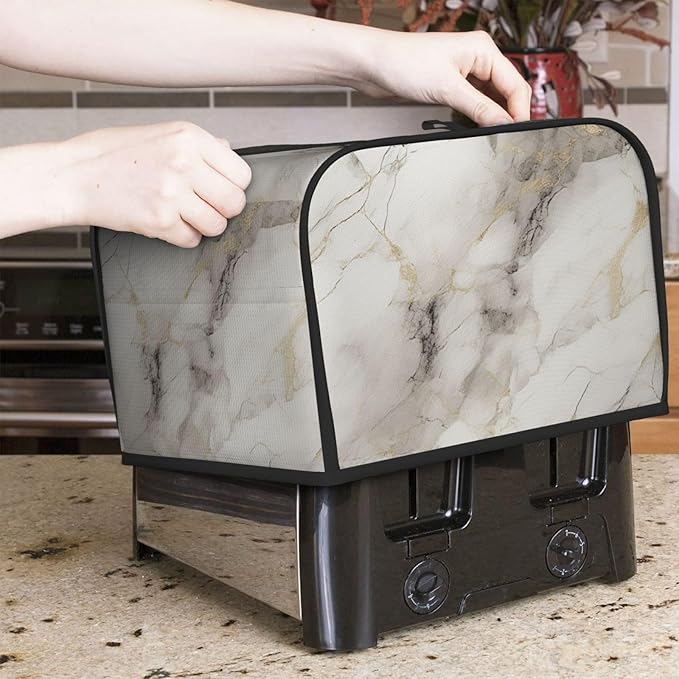 Toaster Cover 4 Slice Marble Pattern Gray White Kitchen Small Appliance Covers with Pockets Dust and Fingerprint Protection