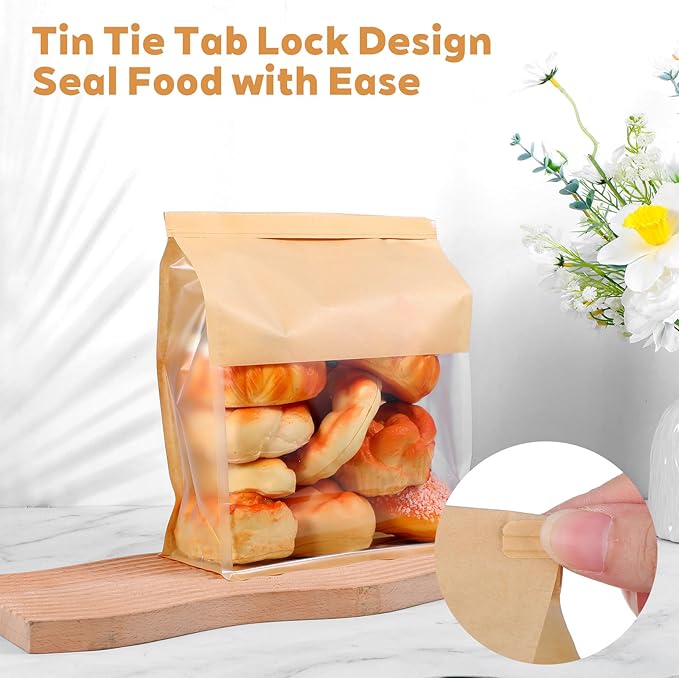 100 Pcs Heavy Duty Large Paper Bread Bags with Tin Tie Tab Lock, Loaf Bag with Clear Front Window, Storage Packaging Treat Bag for Bakery Cafe Homemade Bread 11.2” × 4.3” × 8.7”