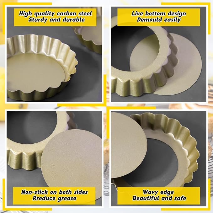 Uiifan 32 Pcs Mini Tart Pans, 4 Inch Nonstick Egg Tart Molds with Removable Bottom, Round Fluted Quiche Pan for Pie, Mousse Cake, Dessert Baking,Cheesecake, Gold