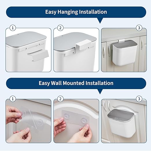 Hanging Kitchen Trash Can with Lid - 1.8 Gallon Small Compost Bin for Cabinet Door, Under Sink - Odor-Sealing Stainless Steel Top Food Waste Bin for RV, Bathroom, Office - Indoor Recycling Bin