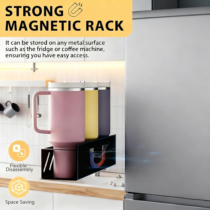 Magnetic Stanley Cup Organizer (2-Count) - Secure Fridge Mount for Full-Size 30/40 oz Tumblers with Lid & Straw Storage (6 Tumblers)