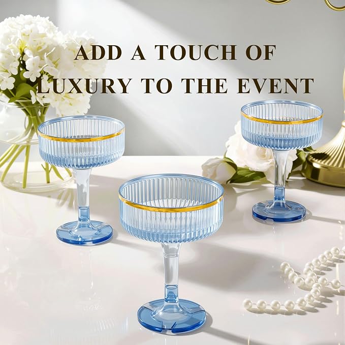 Goodluck 4-Tier Champagne Tower Glasses - 20 PCS 7oz Blue Plastic Champagne Flutes, Plastic Coupe Glasses with Vertical Stripes for Weddings, Celebrations, Parties & Birthdays(Gold Rim)