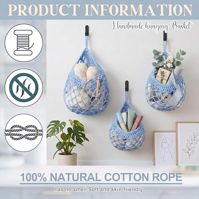 Honeydak Boho Decor Hanging Wall Baskets for Kitchen 3 Pack Teardrop Baskets with Hooks Storage Fruit Onion Vegetable Potato for Home 3 Sizes(Light Blue,Crochet,Cotton Rope)