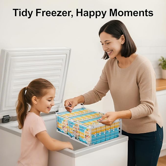 iSPECLE 4 Pack Freezer Organizer Bins - Fit 10 to 20 Cu.Ft Deep Freezer, Expandable Wire Storage Chest Freezer Baskets for Frozen Food, Stackable with Handles, White